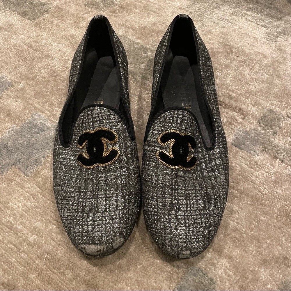 CHANEL Metallic Silver Tweed Logo Flats with Black & Gold Logo